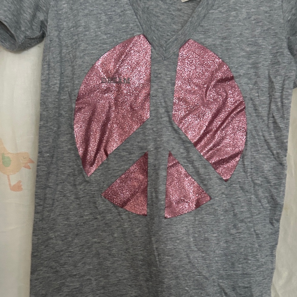 PINK Victoria's Secret Gray Tee with Pink Glitter peace S - Picture 2 of 3